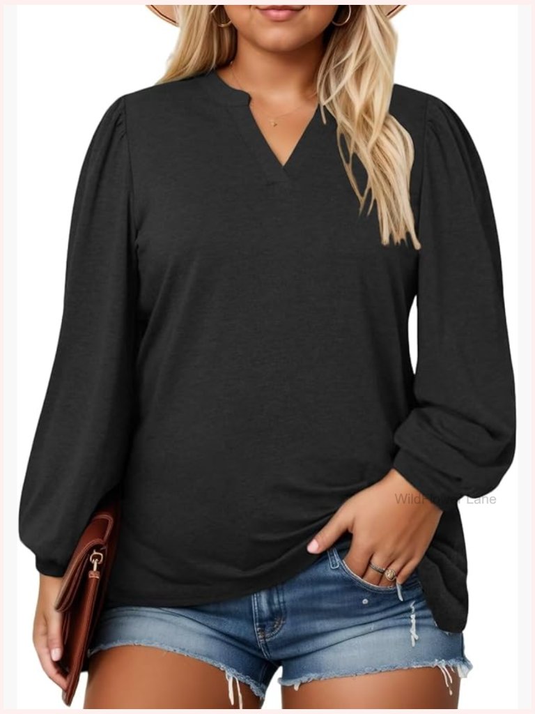 V-Neck Lantern Long Sleeve Tunic Top Plus Size